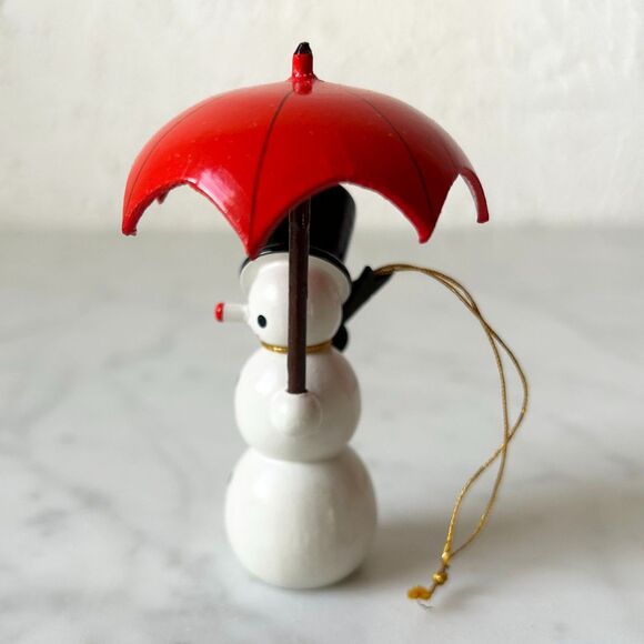 Vintage Snowman with Umbrella & Blackbird Wooden Christmas Ornament Germany - Picture 2 of 6